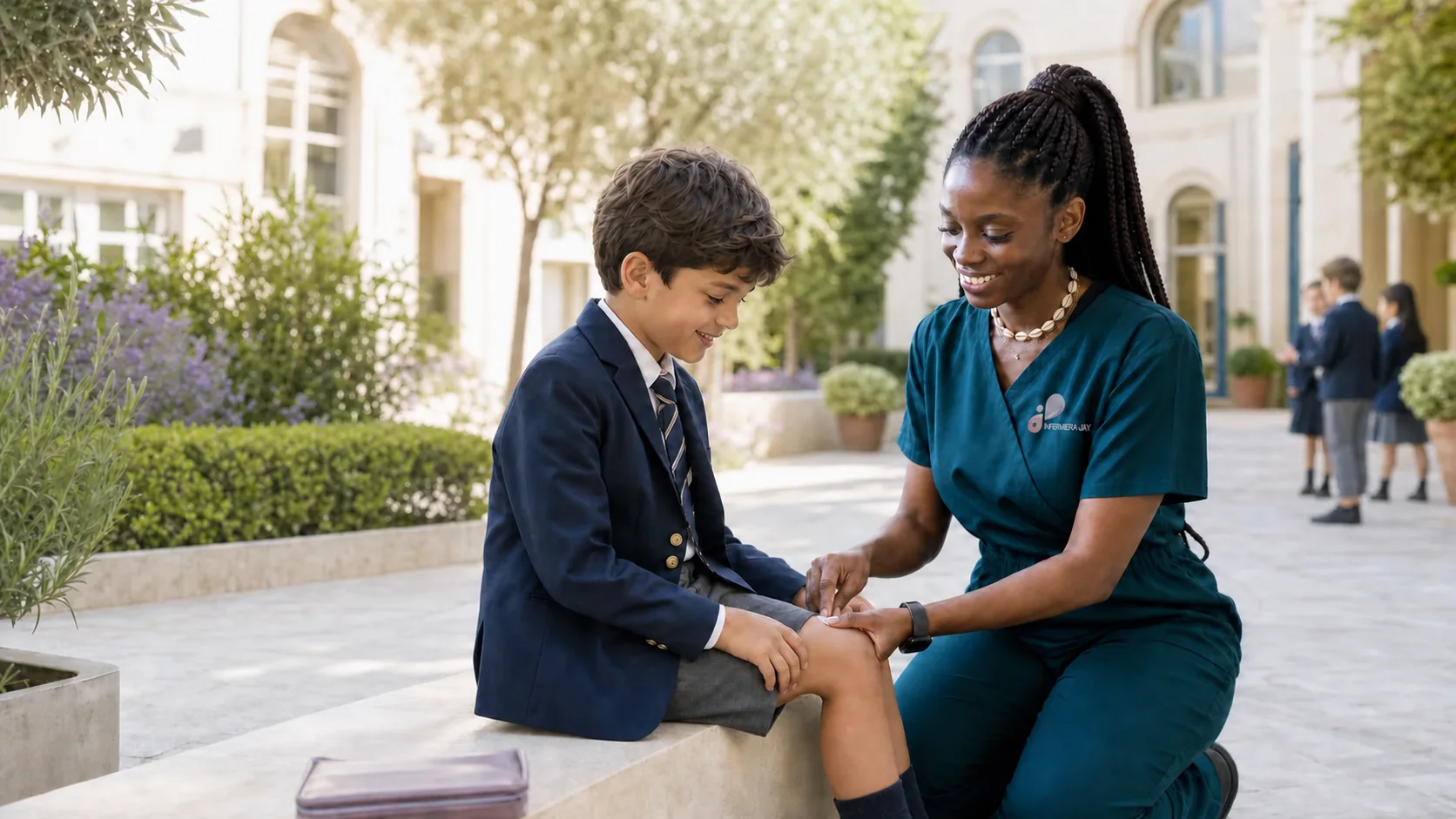 Infermiera Jay in branded uniform reassuring a pupil in a school courtyard